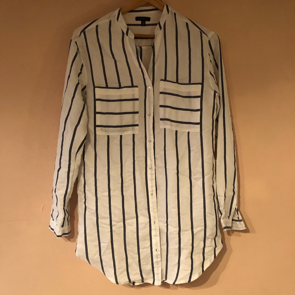 DYNAMITE Stripe Shirt Lightweight Sheer Button Up Coverup No Collar Tunic XS/S